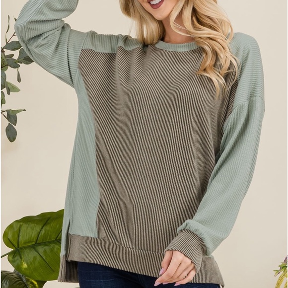 Celeste Full Size High-Low Contrast Round Neck Sweatshirt - Picture 1 of 10